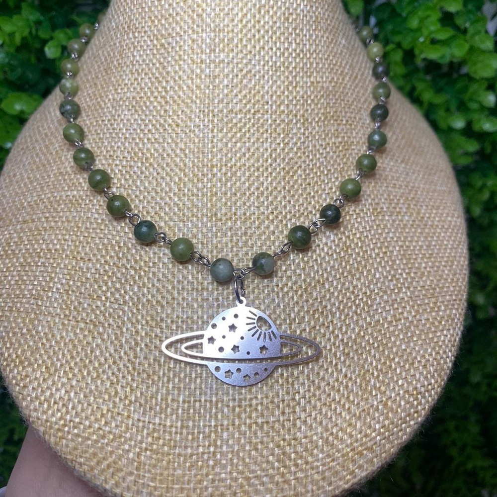 Green Jade Necklace with Planet Pendant